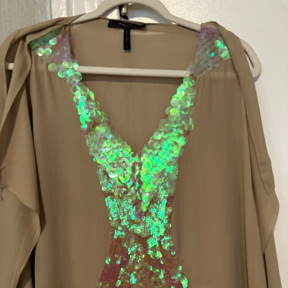 Ibiza Euro summer boho tan sheer loose fit drapes sequins top small - Picture 3 of 8